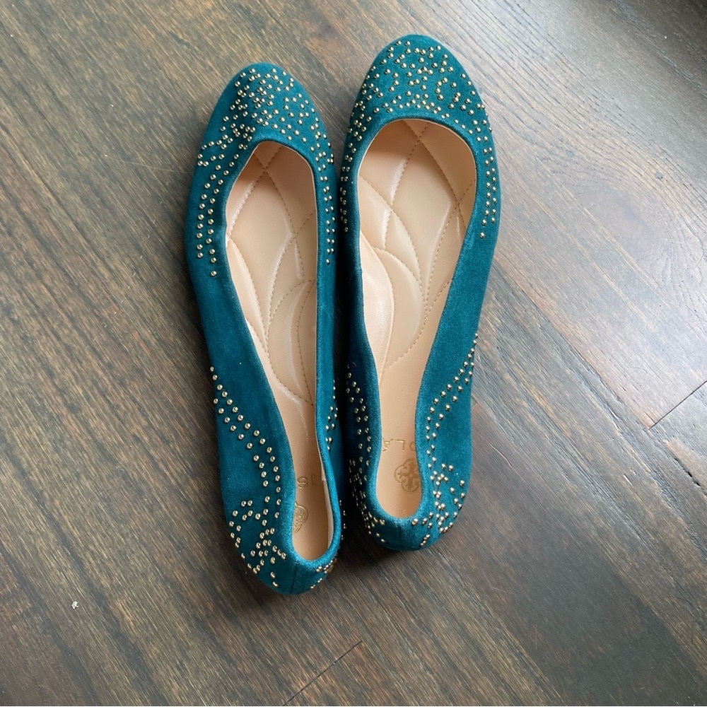 Isola women’s teal green velvety flat with gold studs sz 8